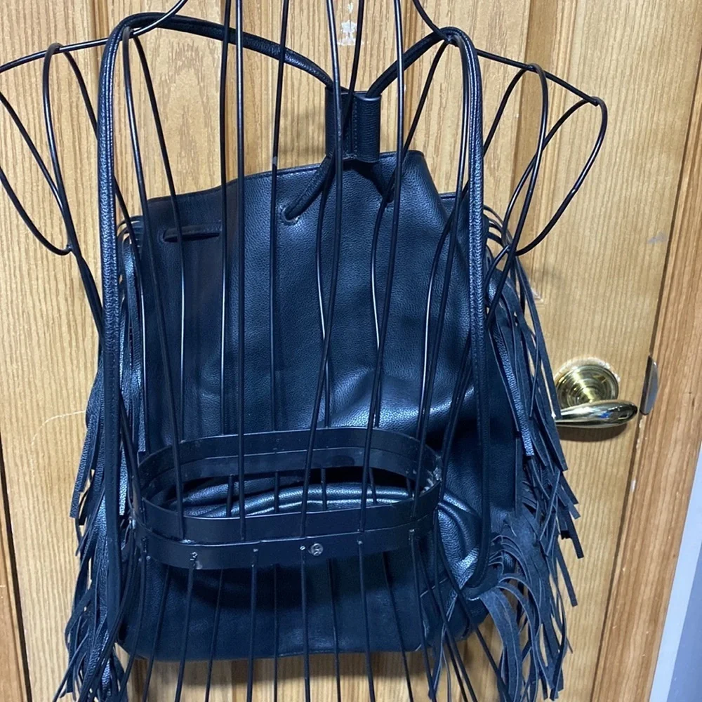 Victoria's Secret Black Fringe Tassel Backpack Drawstring Purse New - Picture 5 of 7